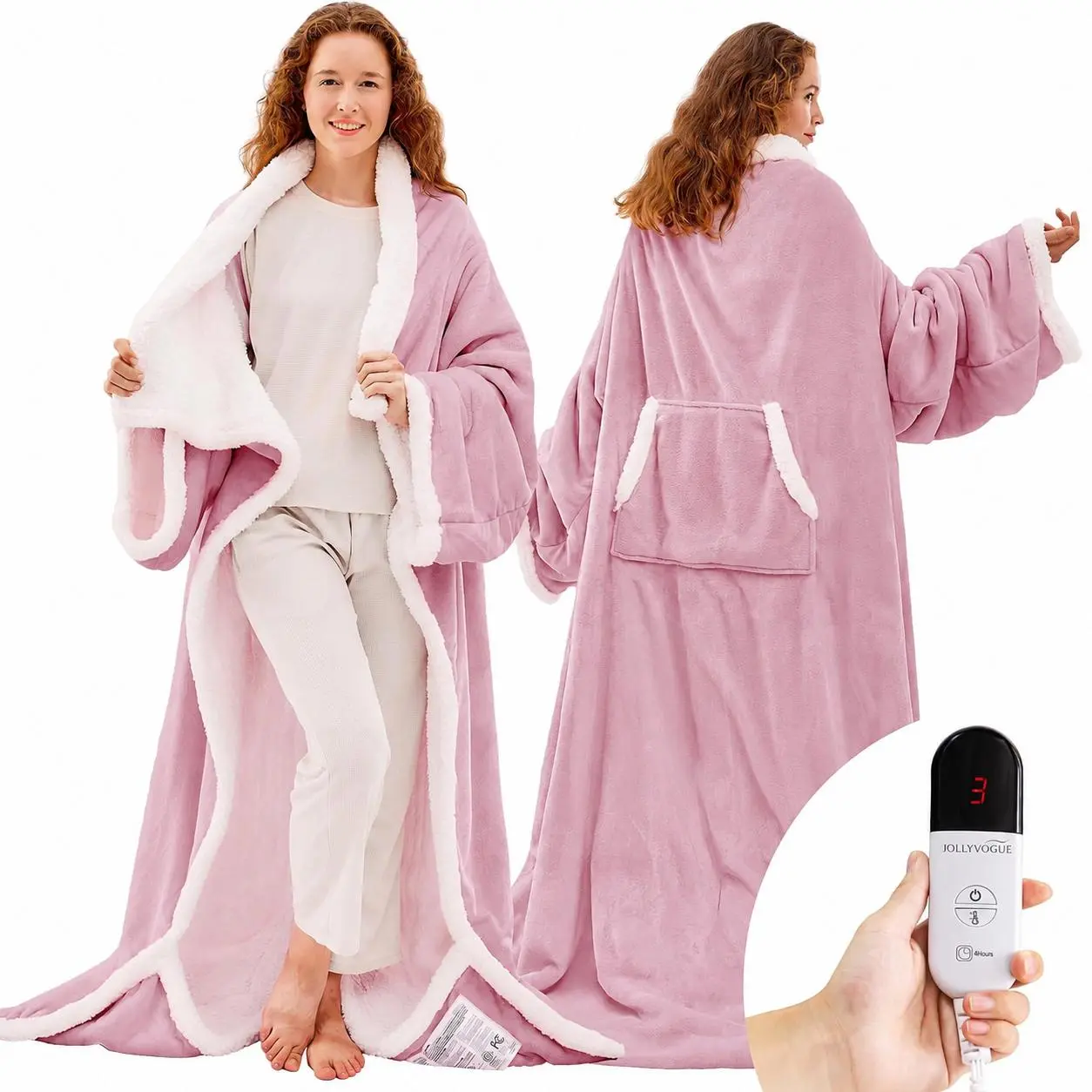 JOLLYVOGUE Wearable Heated Blanket,Pink - Heating Electric Blanket with Sleeves & Foot Pocket, Heated Throw for Adult, Birthday Gifts with 7 Heat Settings & Fixed 4h Auto Shut-Off (50 * 70 Inch)
