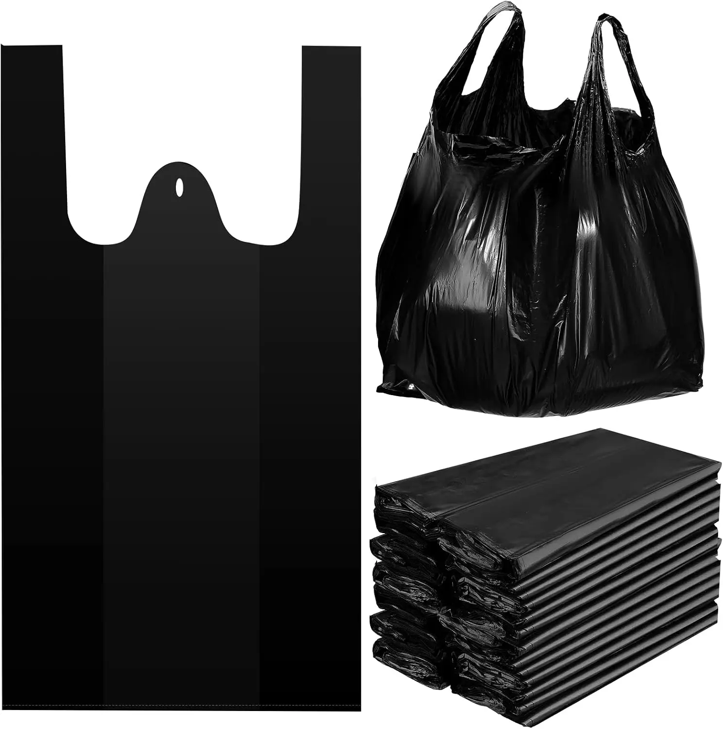 Black Jumbo Plastic T-Shirt Bags with Handles, 400-Count, 35 Mic, XX-Large 20"X12" Thick Heavy-Duty Plain Grocery & Trash Bags for Home Supplies Use