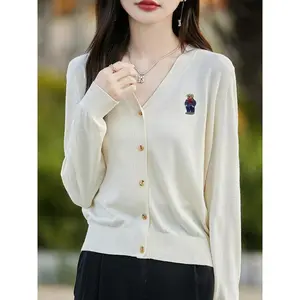 2024 New Embroidered Bear V-neck Cardigan Women's Autumn Long-Sleeved Sweater Outer Wear Temperament Wild Women's Top