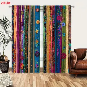 2D Flat Bohemian Folk Art Print Drapes, 2-Piece Set, Vertical Colorful Fabric Strips, Floral Design, Ideal for Living & Bedrooms