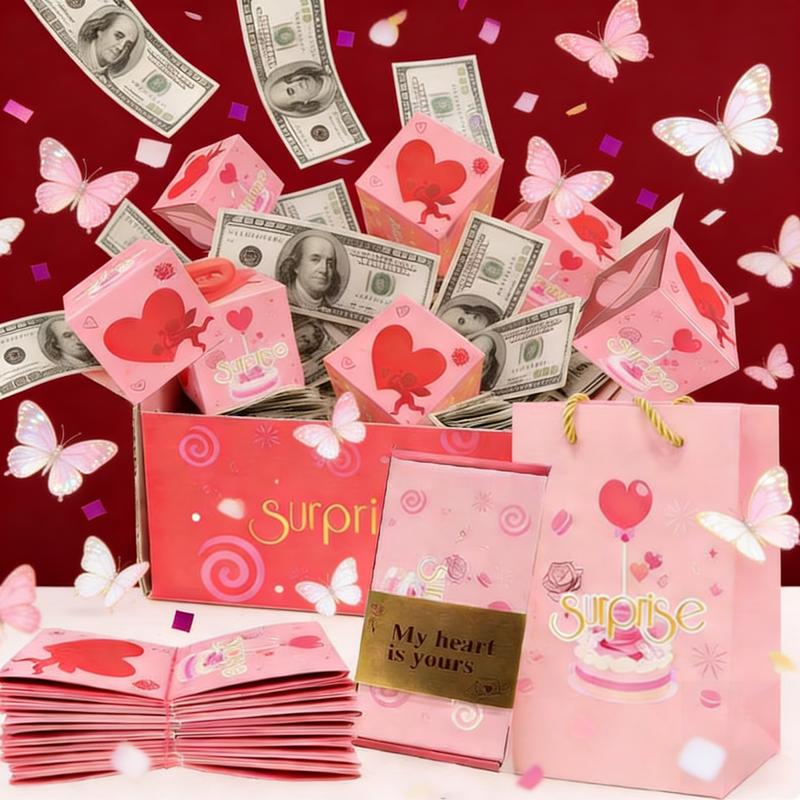 【Valentine's Day】Exploding Surprise Cash Gift Box, Valentine's Day Gift, Unique Foldable Pop-Up Red Envelope Gift Box, a luxurious gift box suitable for birthdays, anniversaries, Valentine's Day, proposals, and cash surprises.