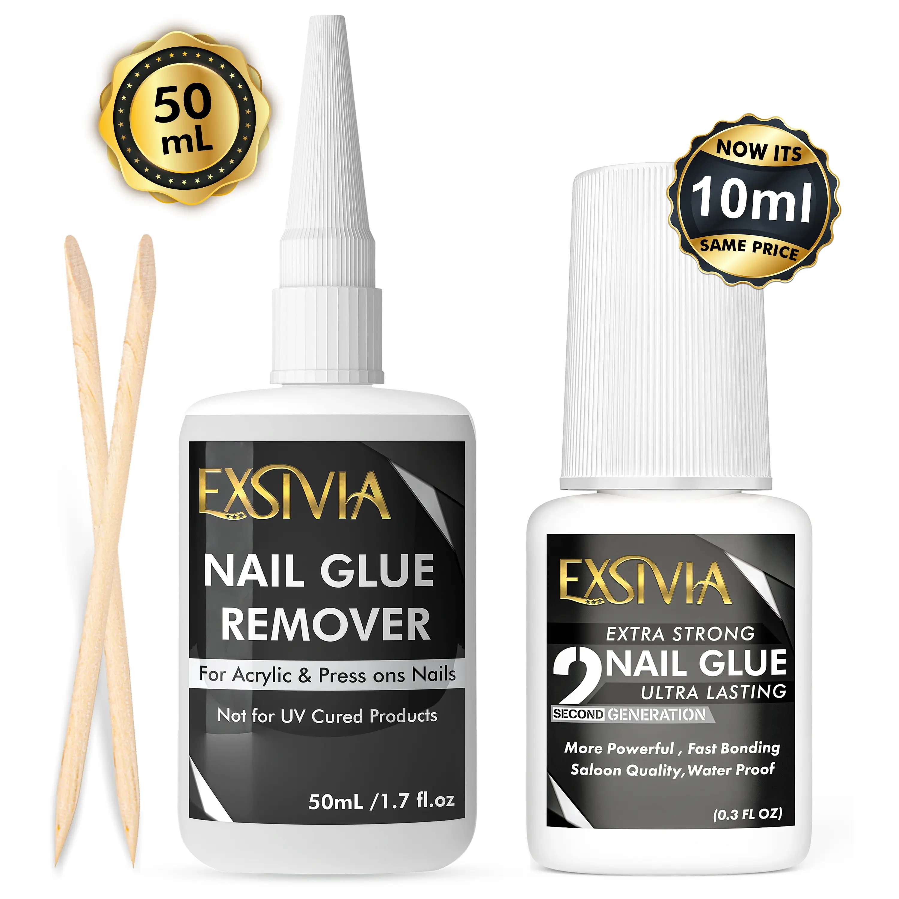 Exsivia Nail Glue & Remover Set - 10mL Extra Strong Glue & 50mL Gentle Odorless Debonder - Salon Quality for Acrylic Press On Nails - Waterproof Fast