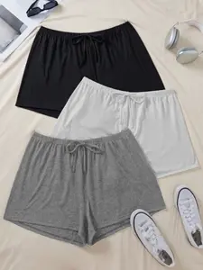 Plus Size Casual Sporty Plain Loose Shorts, Breathable Skin-Friendly Fabric, Drawstring Waist, Slim-Fitting, 3-Pack