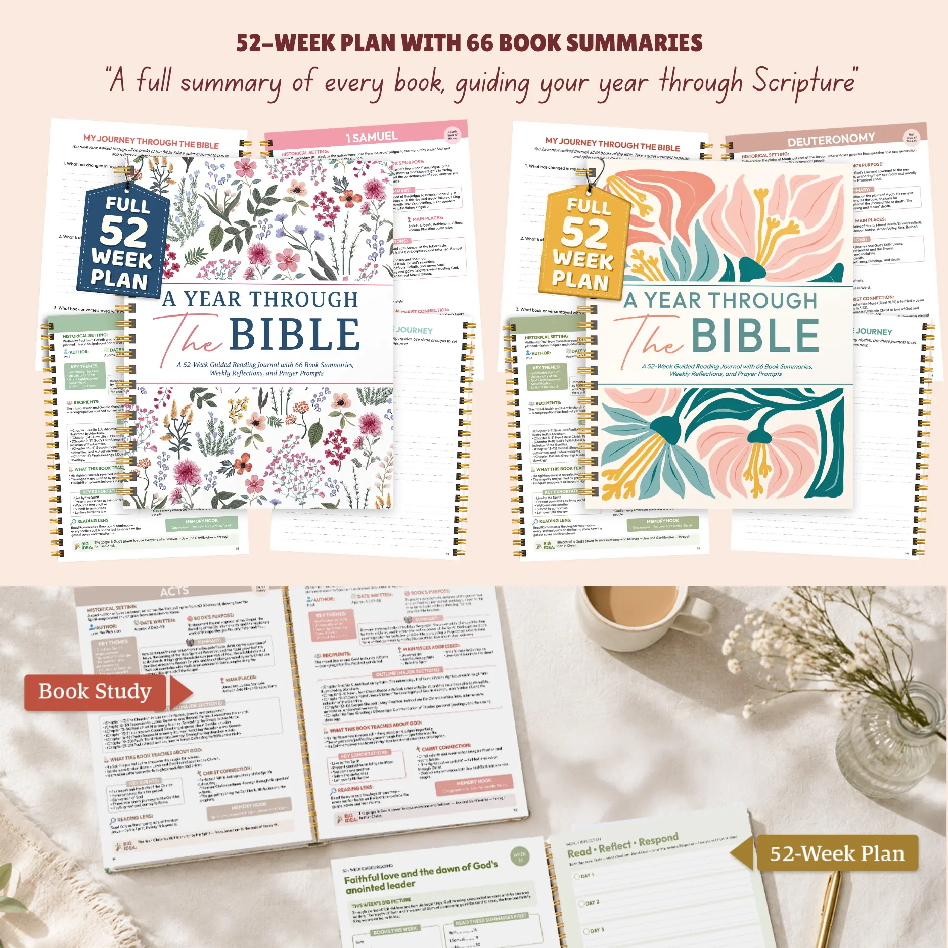 Bible Study Guide Journal for Women and Men - 66 Bible Book Summaries, Spiral Bible in a Year Reading Plan, Weekly PlannerBible Study Journal, 52 Week Bible Reading Plan, A Year Through The Bible, 66 Book Summaries, Prayer & Reflection Journal