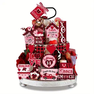 Valentine's Day Wooden Decoration Set, 17pcs/set Wooden Ornament without Tray, Home Decor for Living Room Bedroom, Vanity Decor Accessories, Party Decoration Supplies