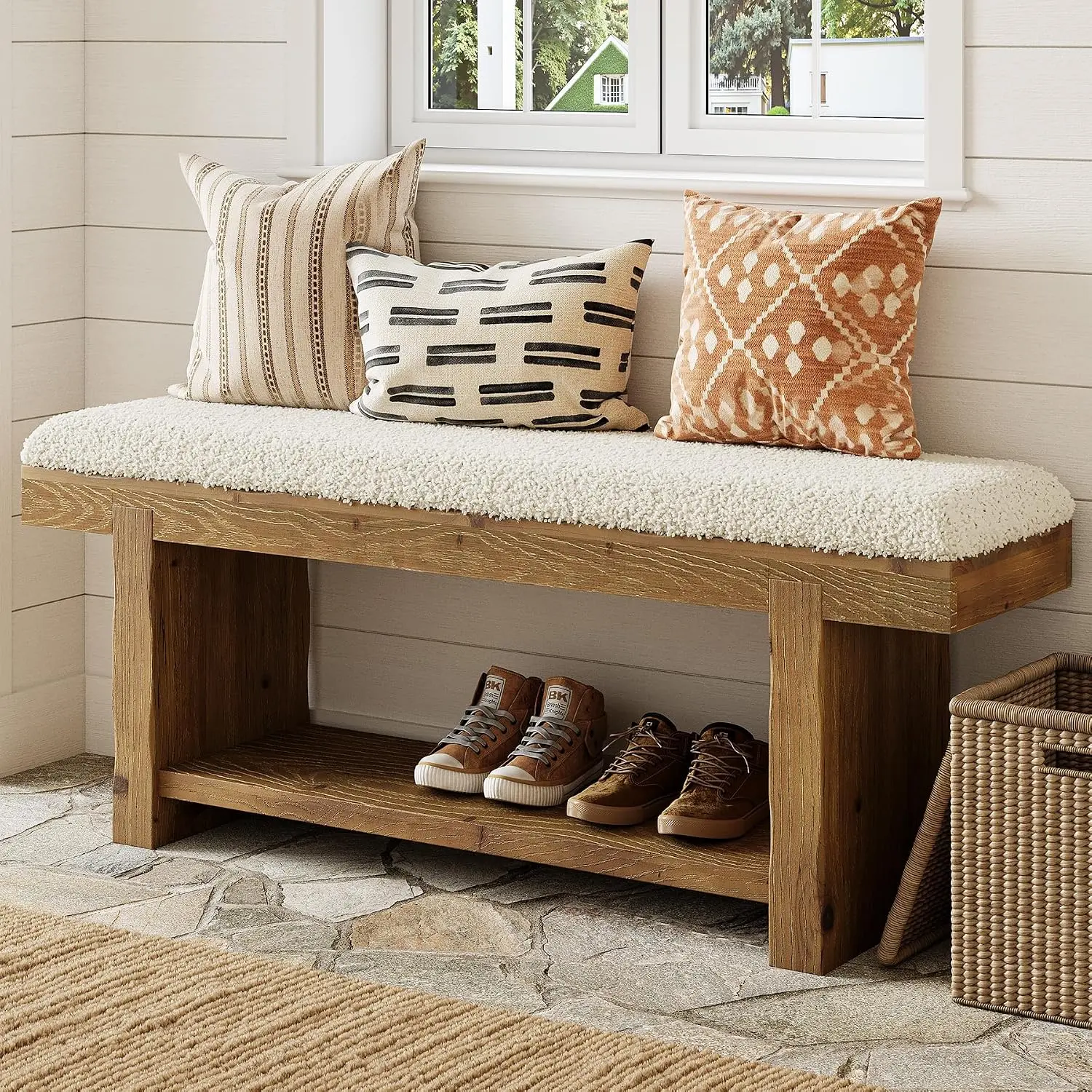 TRIBEWOOD 47.2-Inch Solid Wood Entryway Bench, 2-Tier Farmhouse Upholstered Bedroom Bench with Storage Shelf, Narrow Bench for Bedroom, Entryway, Mudroom