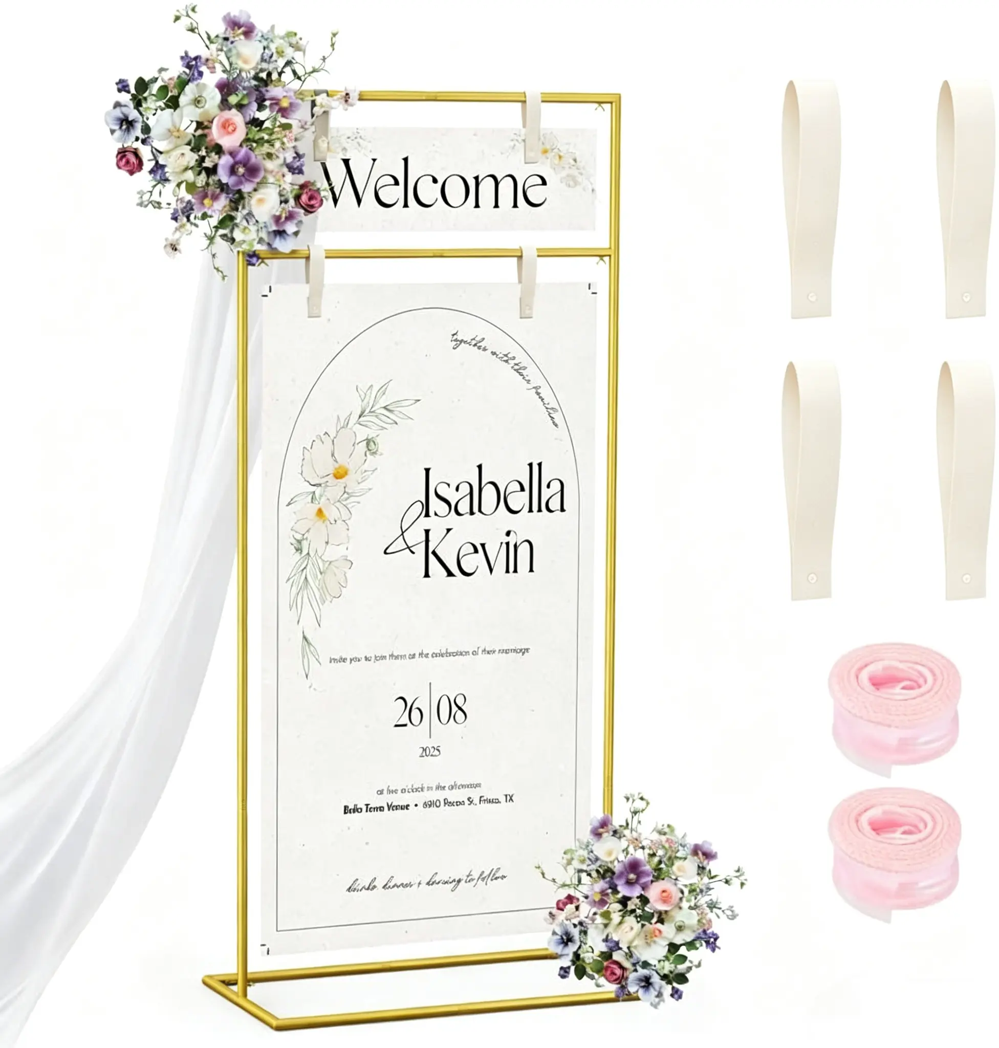 Wedding Welcome Sign Stand, Adjustable 53/68 Inch Metal Sign Holder, Gold Overall size 68 x 31 x 20 in; ideal for seating charts, bridal showers, baby showers, graduations and ceremony entrances.