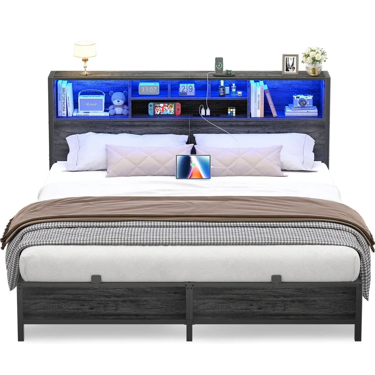 Metal Platform Bed Frame with Bookcase Headboard, Built-In Charging Station, and Adjustable LED Lights – Sturdy, No Box Spring Needed, with 4 Under-Be