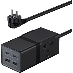 European Travel Plug Adapter,  65W GaN  Charger 6-in-1 Power Strip with 2 International Outlets, 2 USB C, 2 USB Ports,6ft Extension Cord, 110-240v, Portable  to EU Plug Adapter
