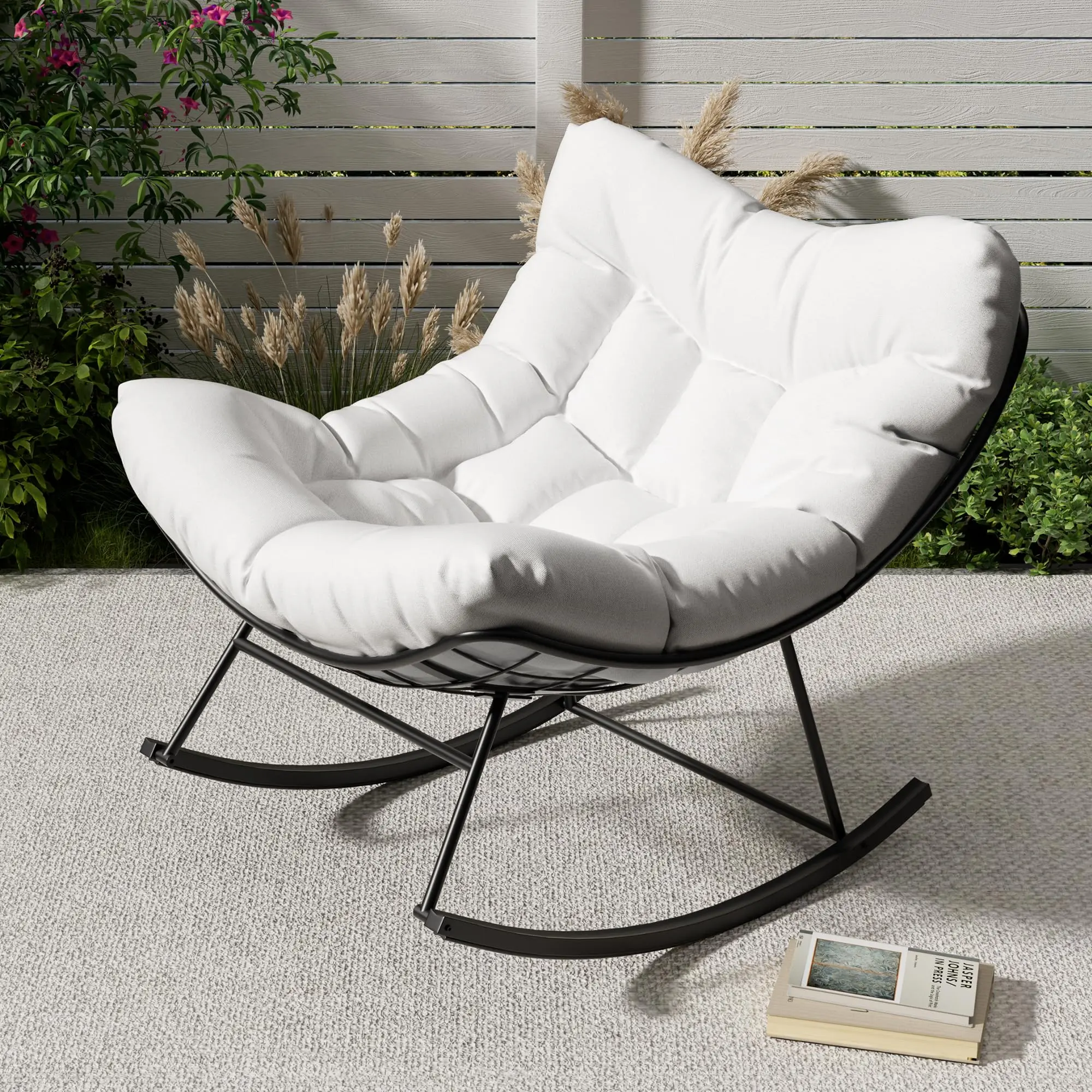 Outdoor Rocking Chair - Oversized Patio Papasan Rocker, Indoor Egg Rocking Lounge Chairs, Comfy Wicker Reading Lounge - White