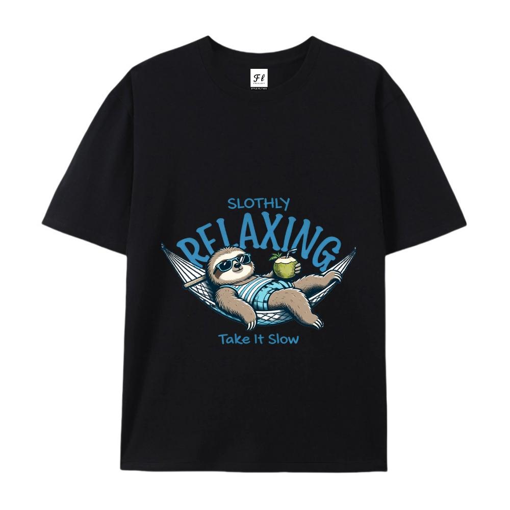 Slothly Relaxing Funny Sloth Graphic Tee Summer Vacation Casual Top For Men & Women Cartoon Drop Shoulder Short Sleeve Crew Neck Tshirt - Menswear