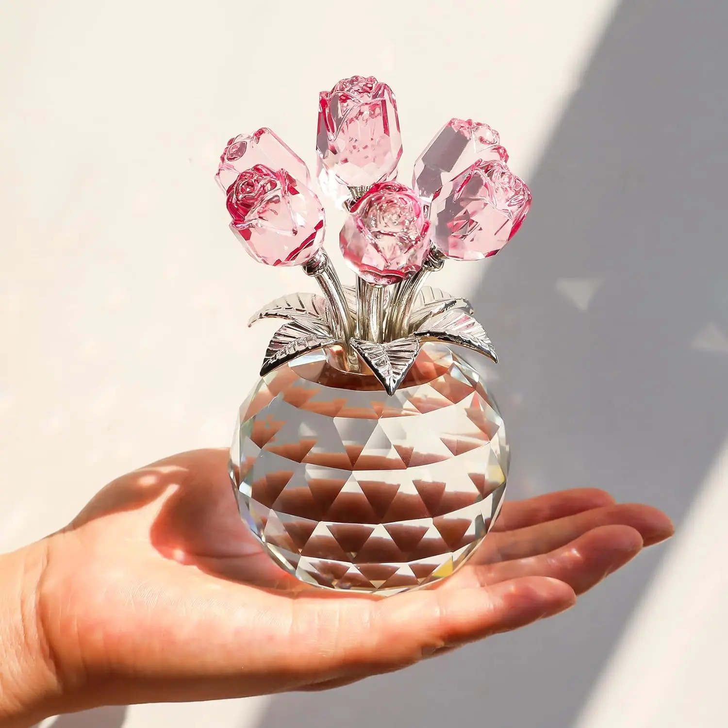 Decorative Crystal Rose Bouquet Figurine with Round Vase, Glass Rose Romantic Gift for Women, Home Decor Table Centerpiece Collectible Decoration