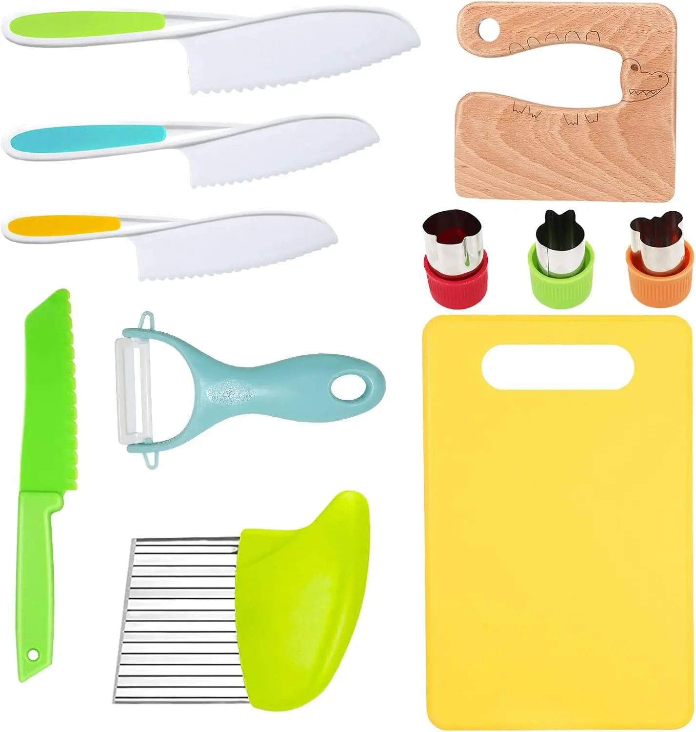 Summer 11 Pieces Wooden Kids Kitchen Knife, Kids Kitchen Set Include Wood Knife, Serrated Edges Plastic Toddler Knife, Crinkle Cutter, Sandwich Cutter, Y Peeler, Cutting Board