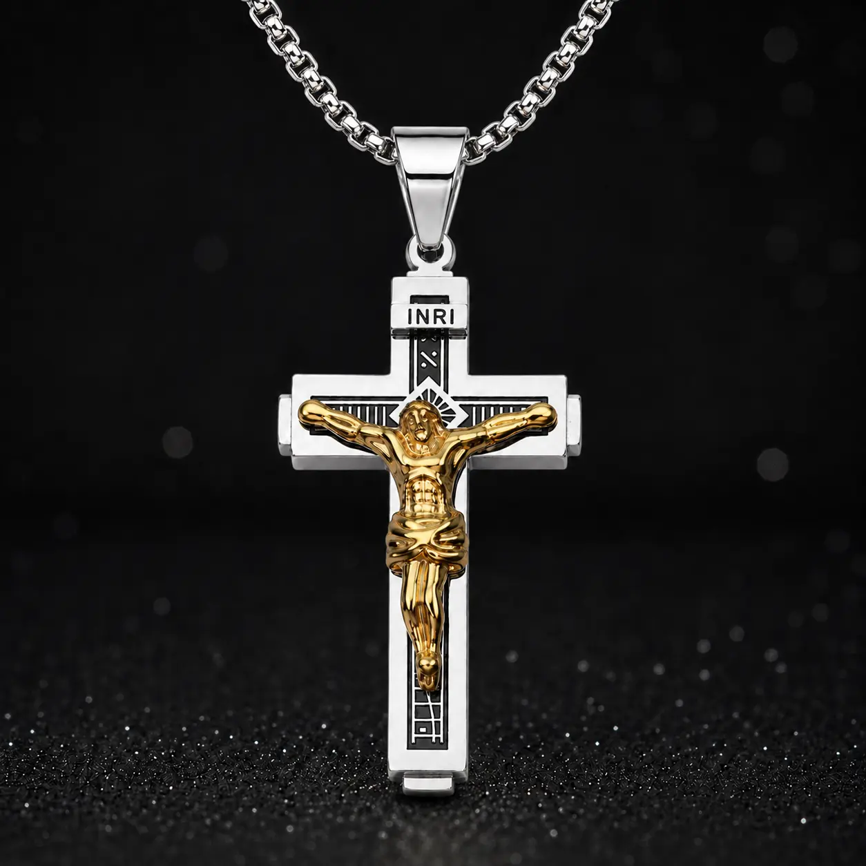 Unisex Minimalist Stainless Steel Cross Necklace - Faith Statement Piece, Jesus Design, Religious Iconography, Inscription Detail, Sleek Pendant, Matching Chain, Classic Everyday Fashion Jewelry, Ideal Religious Gift, Faith Statement Necklace, Jesus Desig