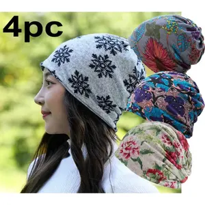 4-Pack Bohemian Floral Knitted Hats Women Brimless Warm Elastic Chemotherapy Lightweight Multifunctional Headscarf Neck Cover