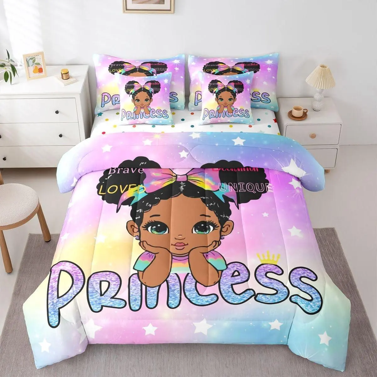 Black Princess Bed in a Bag with Sheets,Pink Gradient Rainbow 7Pcs Bedding Comforter Sets,African American Afro Fitted Sheet Set,Glitter Galaxy Cute Bed Set