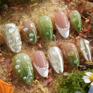 Green Nature Press On Nails with Pearls, Nude Fake Nails, Handmade Glue On Nail Set, Reusable Botanical Forest Art Nails for Women