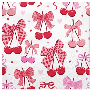 50 Sheets 3-Ply Cherry Bow Paper Napkins, Wedding Shower Party Disposable Cocktail Dinner Napkins, 5x5 Inches 12.7x12.7cm