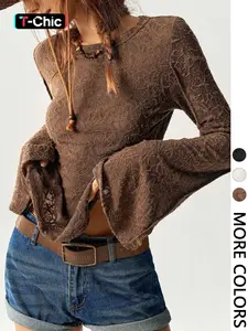 Women's Solid Color Knitted Lace Patchwork Flare Sleeve Tee, Casual Regular Fit T-Shirt for Women, Stylish and Comfortable, Lady, Basic, Long Sleeve, Knitwear, Tops, Womenswear