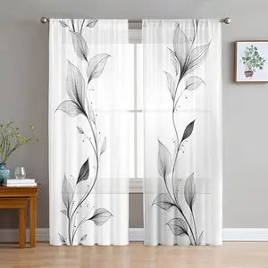 2D Flat 2Pcs sheer white curtains, elegant floral vine print, rod pocket window treatments, light filtering panels for living room, bedroom decorative, home aesthetic decor, semi blackout, transparent, Home Decoration Curtain