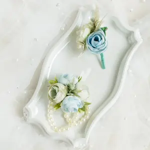 Personalized Mint Blue Rose Pearl Bracelet Wrist Corsage Gift For Her Prom, Proposal, Engaged, Wedding, Something Blue Groom Boutonniere