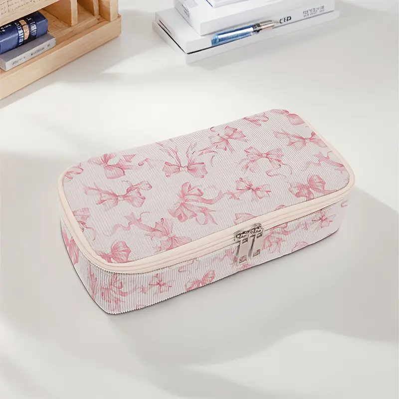 Bow Print Large Capacity Pencil Case, Durable Multi-Functional Storage Bag, Portable Zipper Box for School Office Supplies Stationery Supplies Writing Pens Classroom Supplies