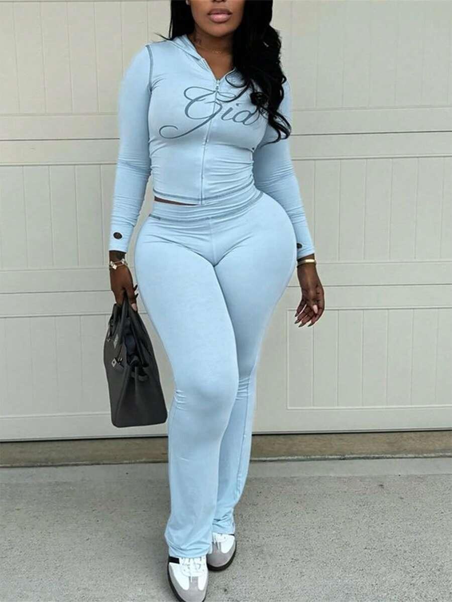 Gia Logo Y2K Two Piece Set Women – Zip Up Crop Top & High Waist Flare Pants, Slim Fit Streetwear Tracksuit, Perfect for Spring Break, Hot Girl Summer, Pool Parties & 2026 Spring Summer Outings, Medium Stretch Knit Fabric