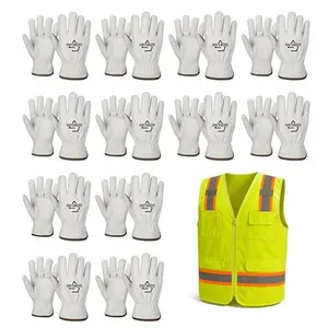 Giorgino 12 Pairs Leather Work Gloves Men with FREE Hi Vis Vest Heavy Duty Cowhide Driver Gloves Unlined Construction Gloves No Warranty