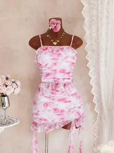 New Women's Romantic Floral Ruffle Backless Bikini Set, 3-Piece Beach Vacation, Elegant Half Skirt Swimwear