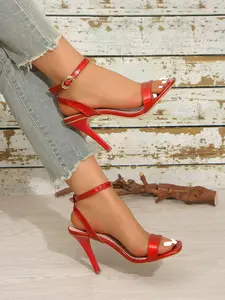 Patent Leather High Heel Sandals, Strap Design, Ankle Tie, Metal Buckle, Women's Elegant Footwear, Perfect for Special Occasions, High Heeled