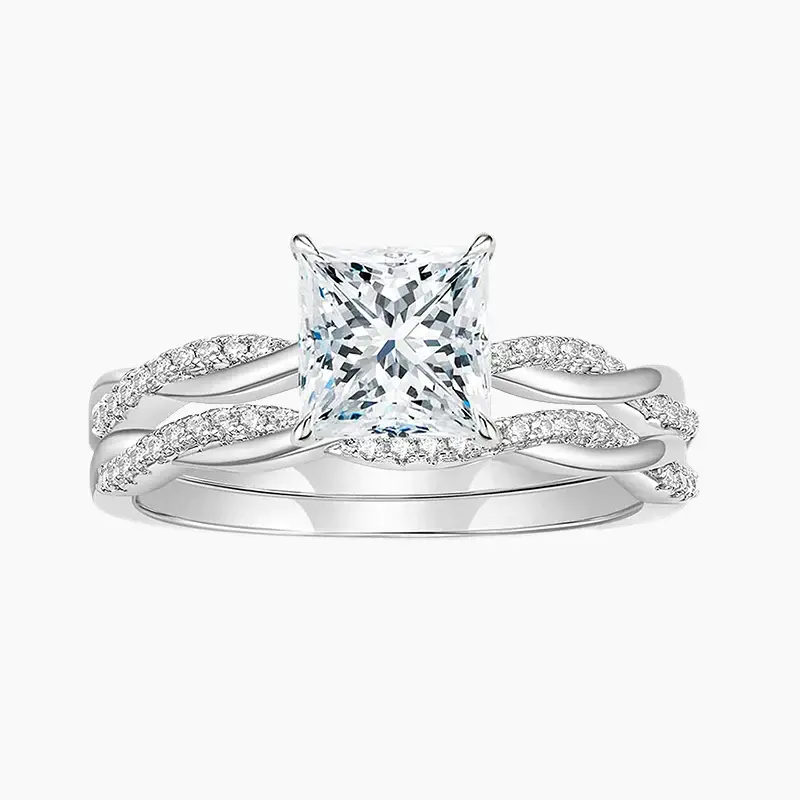 FINDURINGS 925 Silver Princess Cut Cubic Zirconia Wedding Ring Set