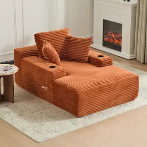 QAK 64‘’ Boneless Chaise Lounge, Upholstered Sofa Bed with Throw Pillows and Armrests, Indoor Sleeper Chair Luxurious Plush Corduroy Chair Bed for Living Room No Assembly Required Sectional Sofa