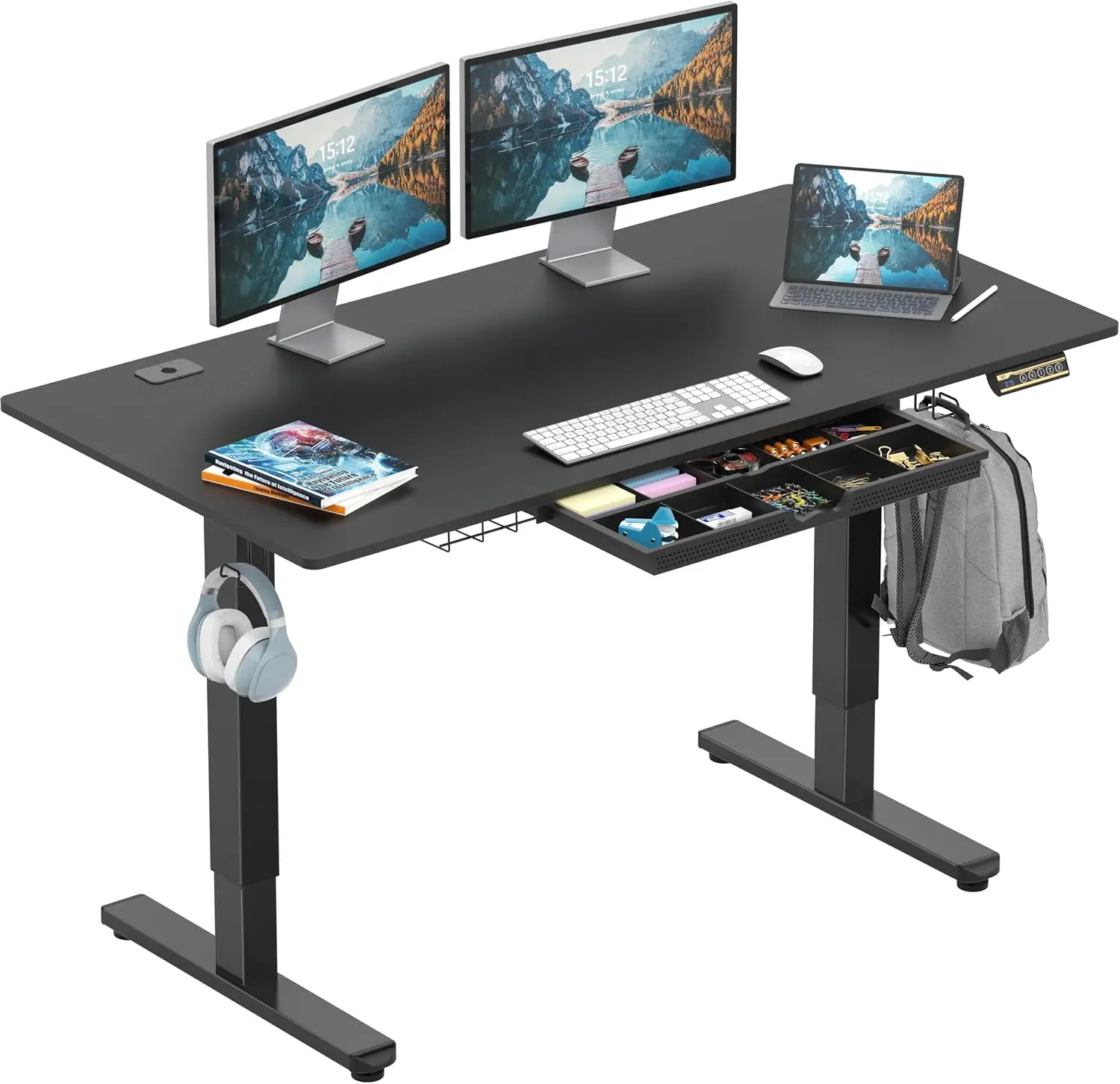 55 x 28 Height Adjustable Standing Desk w/Drawer, Black