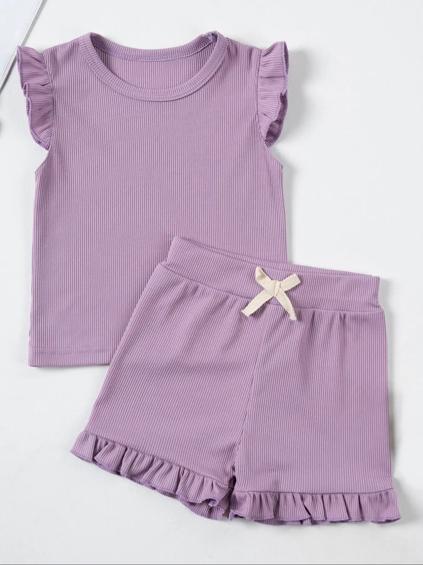 Two-Piece Set Toddler Girl's Solid Ruffle Trim Tank Top and Bow Front Shorts Set, Summer Clothes, Summer Outfits 2024, Casual Cute Ribbed Outfits for