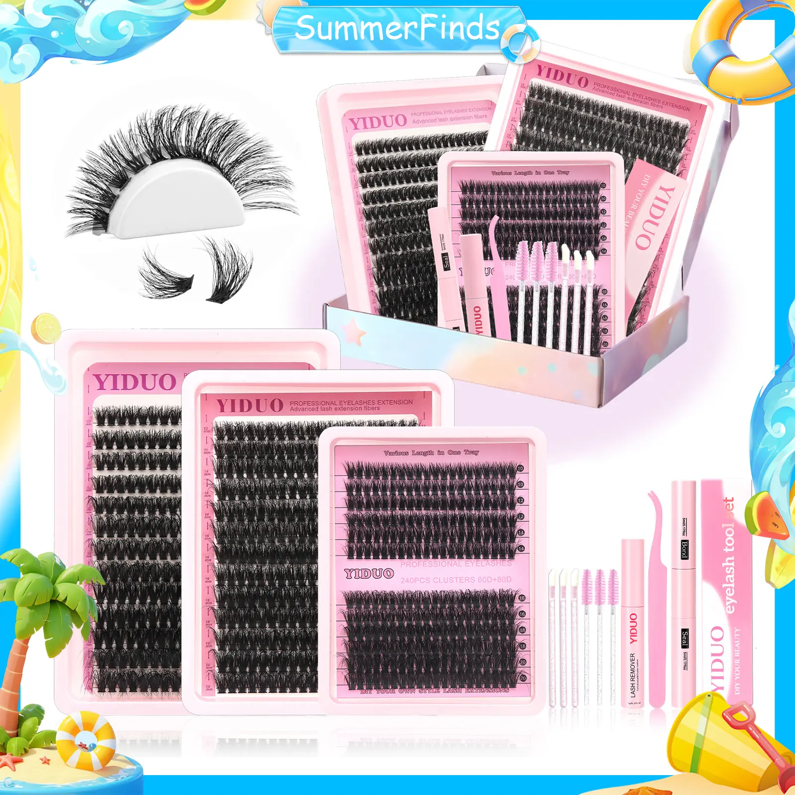 YIDUO Eyelash Extension Kit with 2X Bond&Seal 10-20mm 60D+80D+100D Volume 3D Lash Clusters Kit 3 Styles 760Pcs Wispy Natural Soft DIY Individual Lash Clusters Kit Box for Beginners