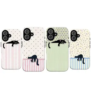 Black Cat Relaxed Pose Phone Case Set – Whimsical Playful Cat Illustrations With Striped Backgrounds| Tough Protective Cover| Playful Aesthetic Gift| Compatible With iPhone 11–17