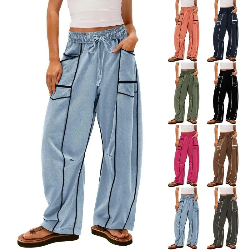 Womens Baggy Barrel Pants Wide Leg Lounge Drawstring Sweatpants with Pockets Womens Baggy Barrel Pants Wide Leg Lounge Drawstring Sweatpants with Pockets