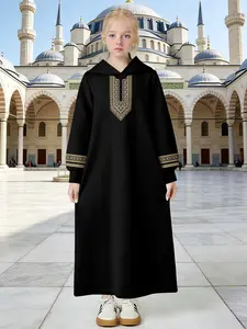 Girls' Gold Totem Robe, Vintage Ethnic Style Embroidered Hooded Long Sweatshirt Dress, Casual Fashion for Kids