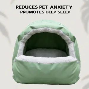 Light green pet bed offering a secure semi-enclosed design! Helps relieve anxiety and promotes deep sleep; fleece lining for warmth in autumn and winter; suitable for small and medium dogs and cats; a safe haven from wind for furry pets.