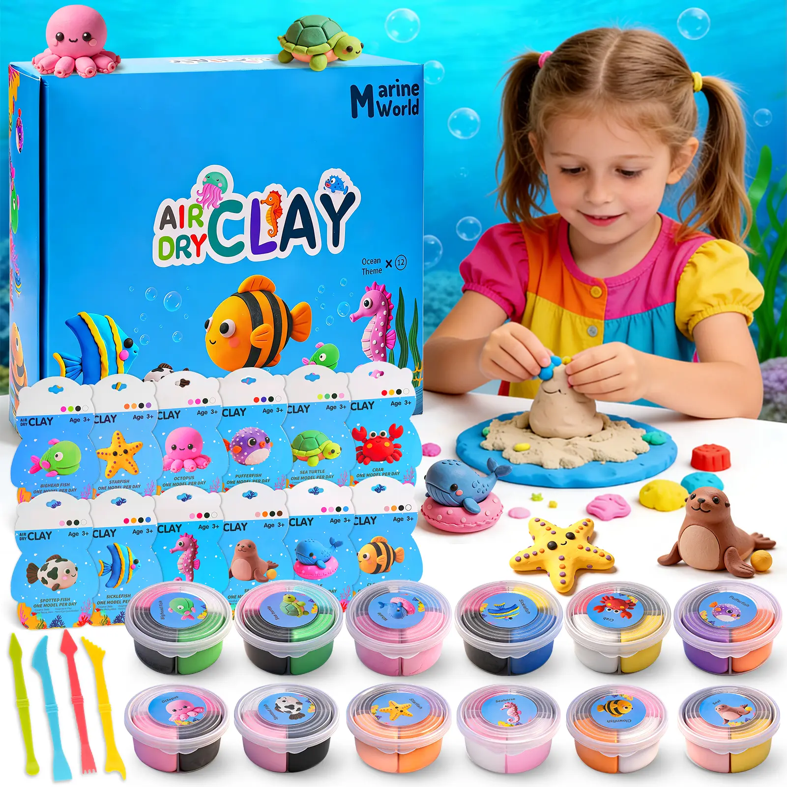12-Pack Air Dry Clay Kit - No-Mess Kids' Arts & Crafts DIY Toy, Best Easter Basket Stuffer, Coloring Gift Book & Color Marker Set, Holiday Gift for Boys & Girls