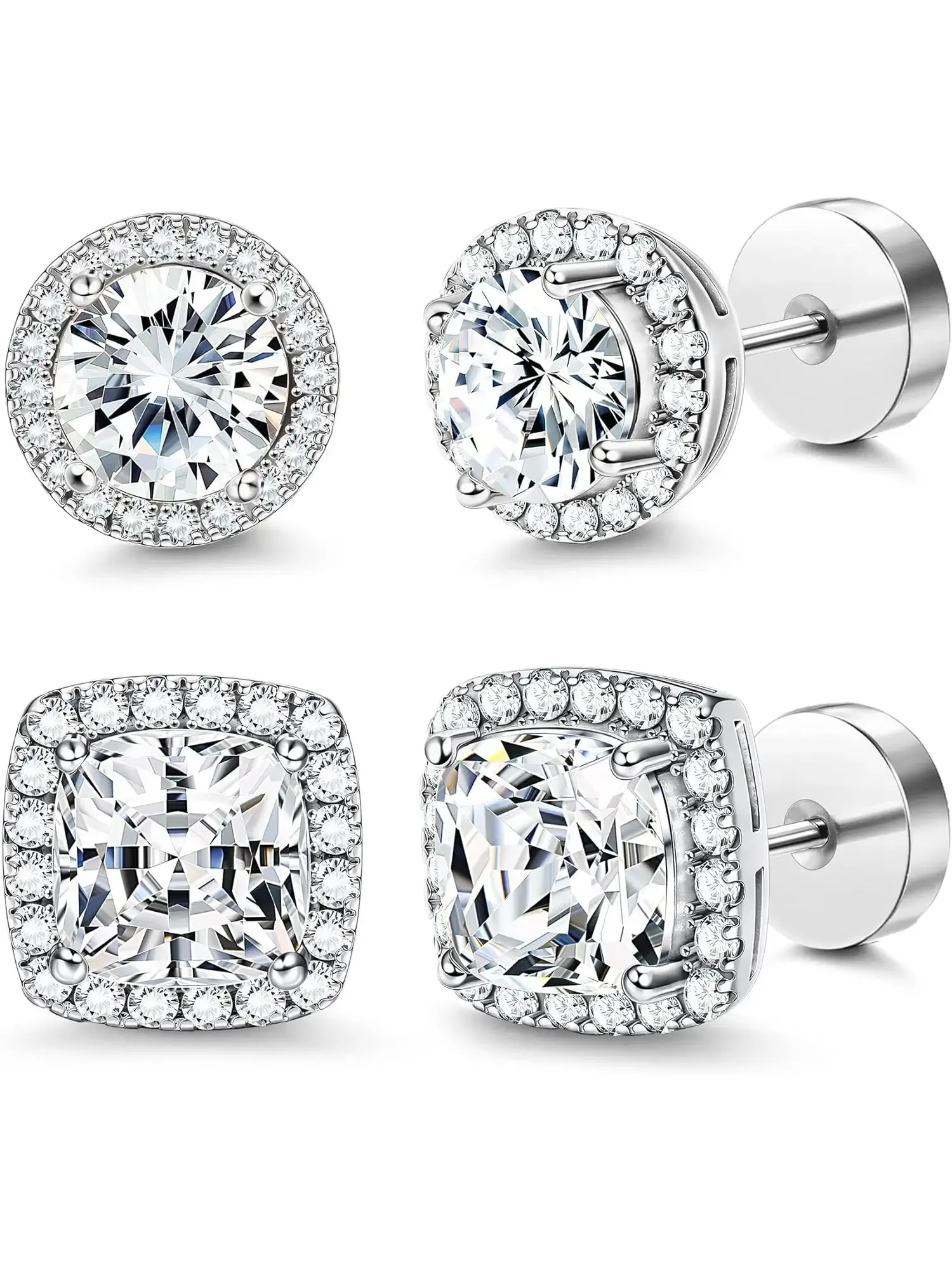 Flat Back Stud Earrings 14K Real Gold Plated Cubic Zirconia Stud Earrings Hypoallergenic Round Square Big Simulated Diamond Stud Earrings for Women Men Studs Earrings 20G Earrings JewelryGift.