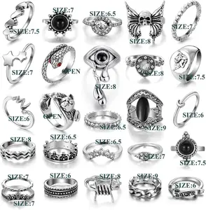 35 Pcs Vintage Silver Knuckle Rings Set for Women Men, Grunge Gothic Rings Chunky Aesthetic Snake Stackable Adjustable Punk Bulky Finger Alt Fairy Skull Frog Heart Star Flower Midi Ring Pack