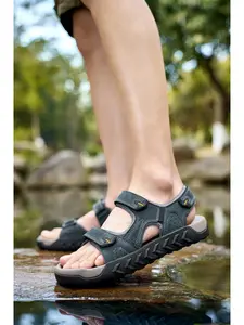 Men's Solid Color Velcro Hollow Outdoor Water Trekking Sandals Thick-soled Non-slip Anti-impact Closed-toe Beach Shoes Breathable Hiking Shoes