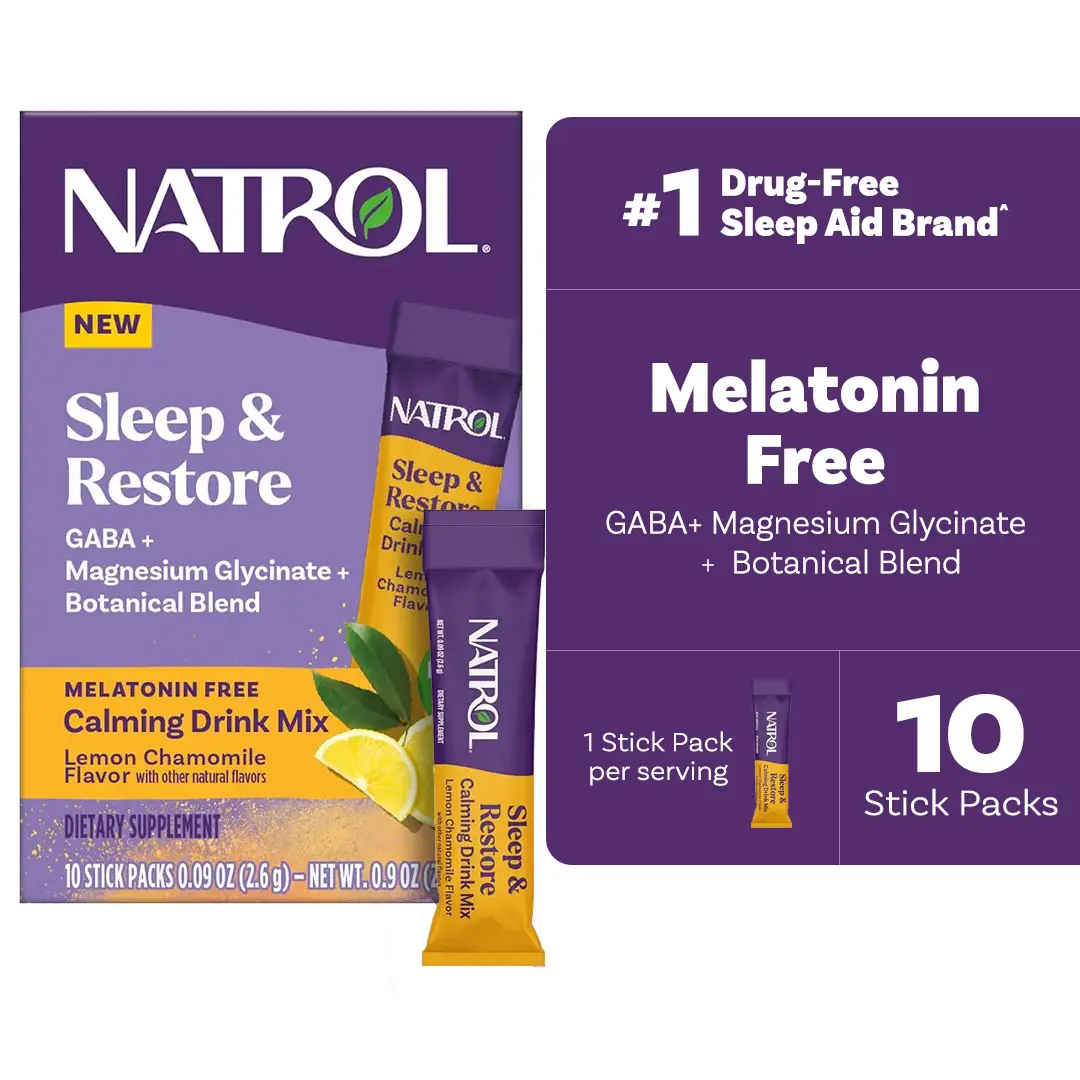 Natrol Sleep + Restore Calming Dietary Drink Mix Supplement - Magnesium Glycinate, Melatonin-Free, Lemon Chamomile Flavor, 10 Stick Packs, Sugar Free, Tart Cherry