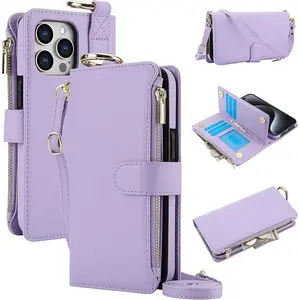 Compatible with iPhone 15 Pro Max Crossbody Case Purse with Ring Wrist Strap Lanyard Women 6 Card Holder Wallet 6.7'' Flip Faux Leather RFID Blocking (Purple,IP 15 Pro Max)