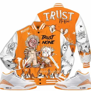 3 White Orange Peel Varsity Jacket, Orange Citrus 3s Outfit Scary Trust No One Shirts To Match Sneaker Streetwear