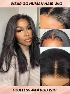 Human Hair Lace Front Wig Straight Bob Cut 4x4 180% Density 10-14 Inches Natural Color Free Part Pre-Bleached Human Hair Wigs Beginner Friendly
