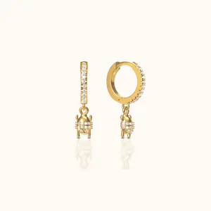Beetle Ladybug Protection Rebirth Symbol CZ Dangle Hoop Earrings
