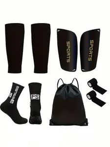 5-Piece Football Equipment Set, Sports Socks, Shin Guards, Leg Pads, Straps, Drawstring Bag, Essential Soccer Gear for Players, Football Kit, Football Accessories