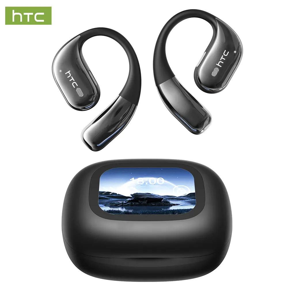 HTC NE77 Wireless Earbuds Open-Ear Headphones, Bluetooth 6.0 Headphones, Long Playtime, Sports Ear Buds with Earhooks and Mic, LED Touchscreen Display Bluetooth Earbuds, Touch Control, HD Sound Quality, Waterproof Earphone for Workout/Running